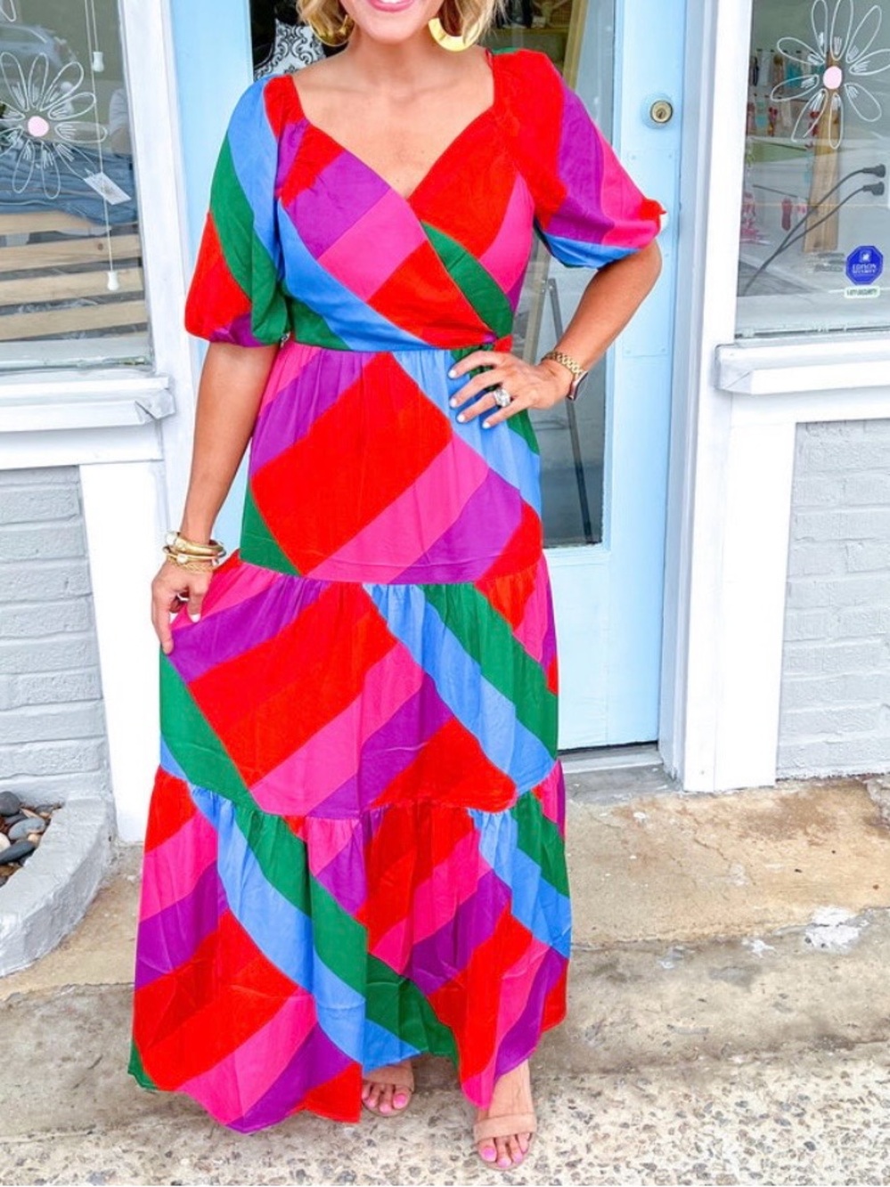 Skies Are Blue Multi-Colorblock V-Neck Tiered Maxi Dress